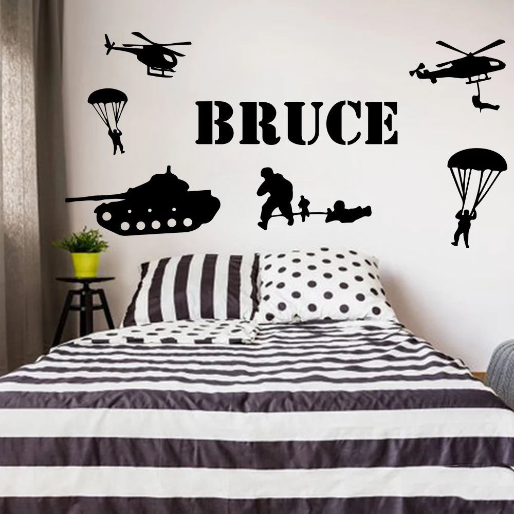 Custom Name Army Solider Wall Decal Boy Room Kids Room Personalized Name War Military Tank Helicopter Wall Sticker Playroom Art (4)