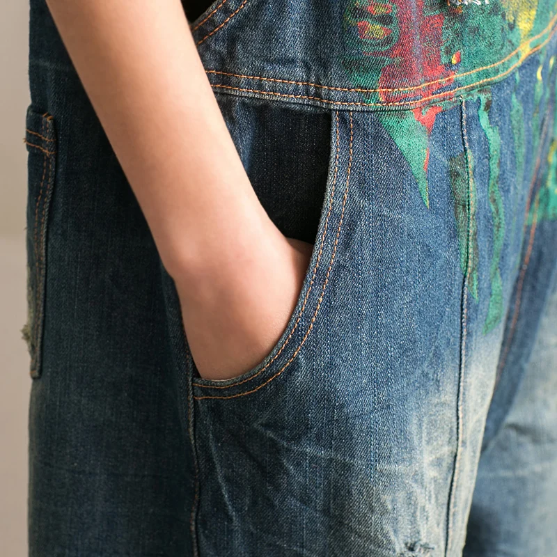 Новые женские весенние повседневные Ретро окрашены отделки хлопок отверстие плюс размер джинсы на подтяжках Штаны