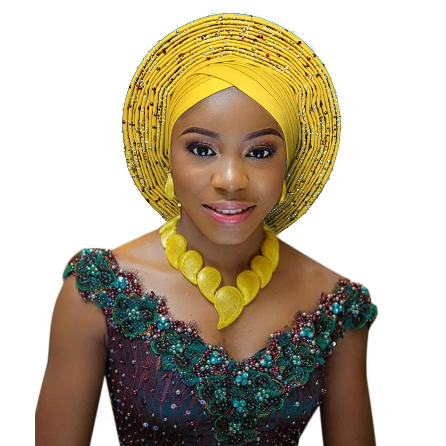 Kaufen Afrikanische headtie nigerian headtie mit perlen steine auto gele afrikanischen gele für hochzeit party