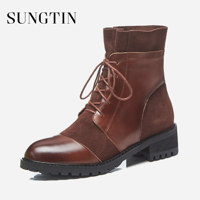 

Sungtin Genuine Leather Short Riding Boots Autumn Winter Low Heel Women Ankle Boots Lace-up Martin Boots Casual Ladies Booties