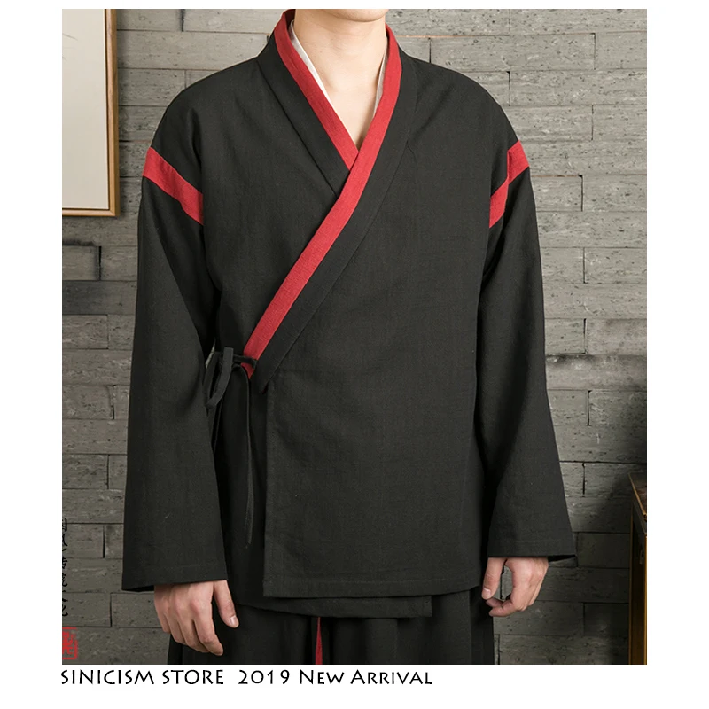 Sinicism Store 2019 Kimono Loose Men Jacket Streetwear Spring Cotton Linen Jackets Man Chinese Style Patchwork Belt Male Jacket