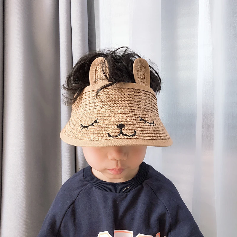 

Kids Summer Sun Hats Boys Girls Foldable Straw Hat Empty Top Cute Rabbit Ear Sunscreen Beach Hat