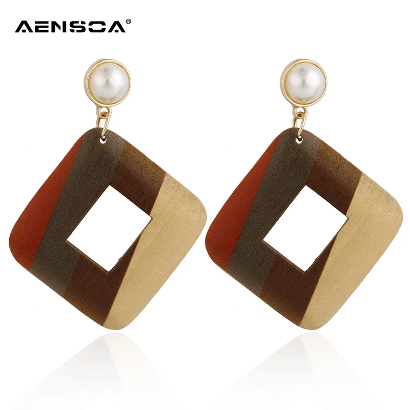 

AENSOA Wooden Geometric Earrings For Women Ethnic Simple Statement Big Square Wood Bring Pearl Drop Earrings ladies Gift