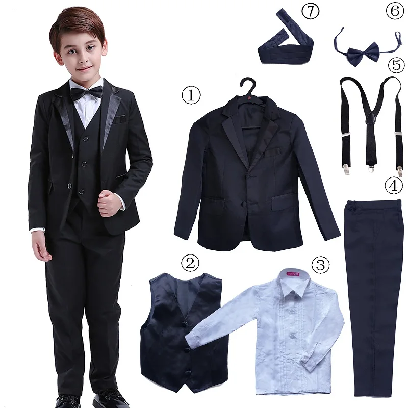 4Pcs Enfants Bébé /& Boy Grille Formel Tuxedo Mariage Fête Costume Noir Sz 3-8
