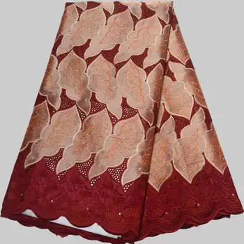 

Fashion design Wine Red French lace fabric high quality 100% cotton Lace Fabric Flower embroidered lace fabric with stones XHS04