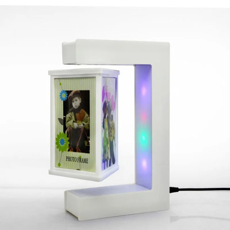 

Magnetic Levitation Rotating Triangular Prism Picture Frame with Colorful LED Lights Floating Photo Frame for birthday gifts