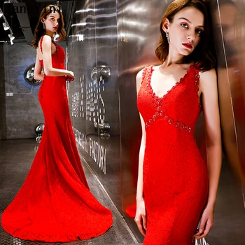 

JaneVini 2019 Sexy Red Sequined Mermaid Long Bridesmaids Dresses V Neck Backless Lace Sweep Train Elegant Women Prom Party Gowns
