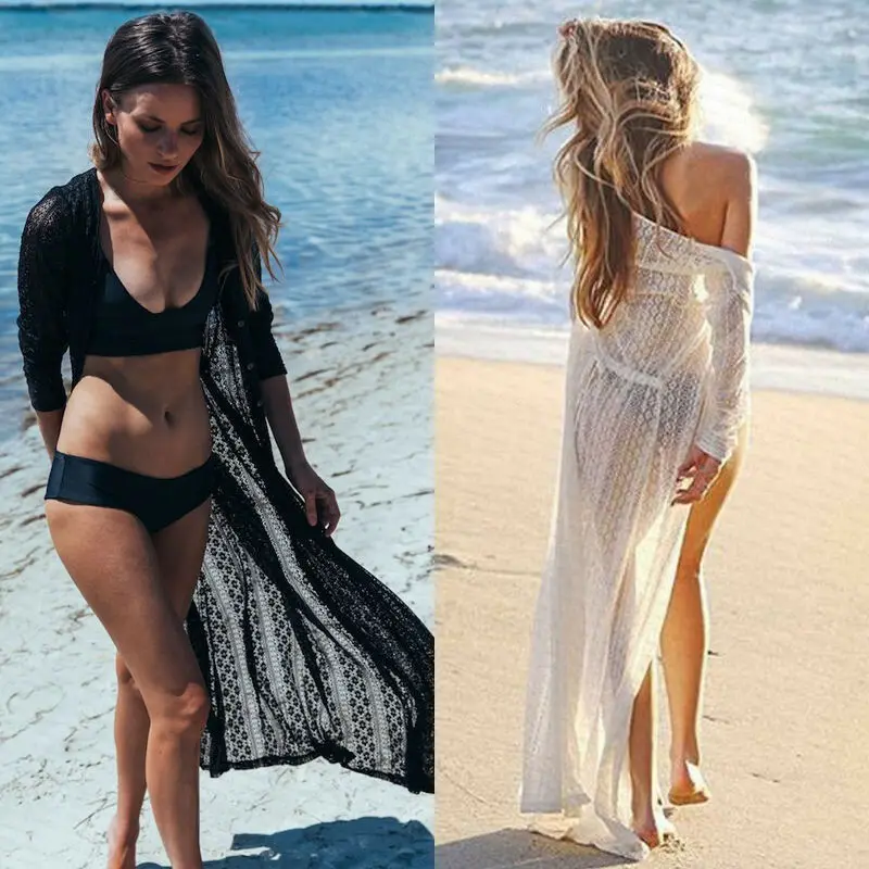 

Summer Beach Dress Skirt Tunic On The Cape Swimsuit Women's Loose Lace Up Single Breasted Women Short Long Sleeve Neck Bat Linen