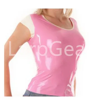 

New Women pink and white Tees fashion latex top t-shirt