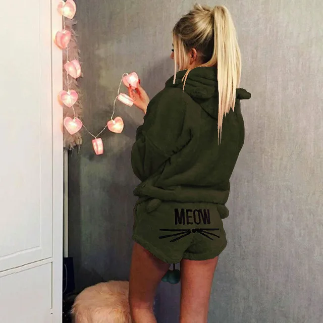 Новинка, женский бархатный костюм кораллового цвета из двух частей, осенне-зимняя Пижама, теплая Пижама, милый рисунок кота, толстовки с капюшоном и шорты, комплекты - Цвет: Army Green