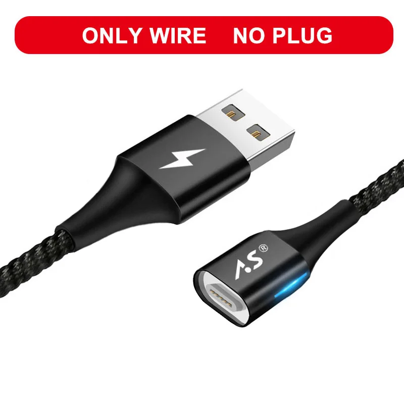 A.S светодиодный магнитный USB кабель для iPhone Micro USB кабель USB C магнит быстрое зарядное устройство нейлоновый кабель для передачи данных для samsung Xiaomi huawei - Цвет: Black No Plug