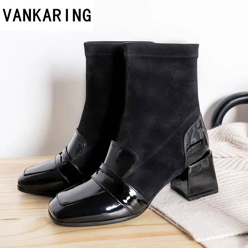 

2019 newest fashion ankle boots genuine leather winter boots women cozy square toe high heels strange style zipper shoes woman