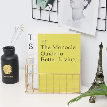

Bookshelf Metal Geometry Newspapers Gold Storage Basket for Magazine Newspaper Book Storage Basket Decor Shelf