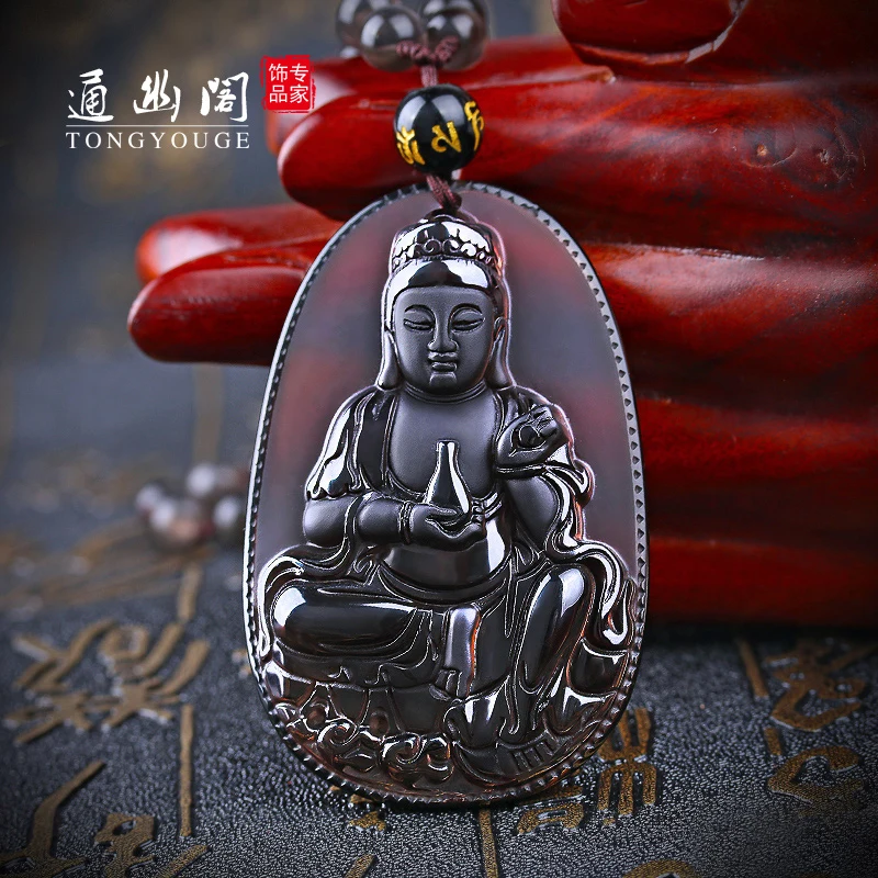 

Quiet natural Obsidian ice Pavilion Pendant Necklace Avalokiteshvara pendant pendant male female crystal jewelry