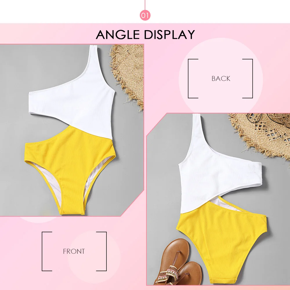 Single Shoulder Patched Cut Out Women Swimsuit Swimwear