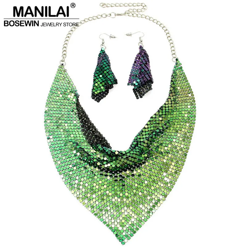MANILAI Indian Jewelry Set Chic Style Shining Metal Slice Bib Choker Necklaces Earrings Party Wedding Fashion Jewelry Sets 2018