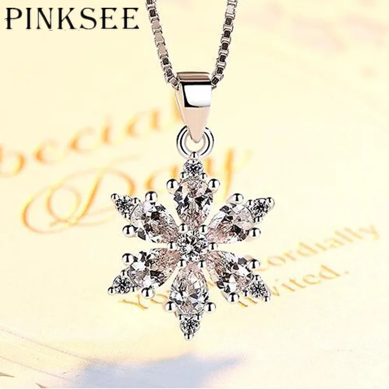 

PINKSEE Silver Color Crystal CZ Snowflake Pendant Necklace Wedding Party Jewelry for Woman Girls Top Qualtiy