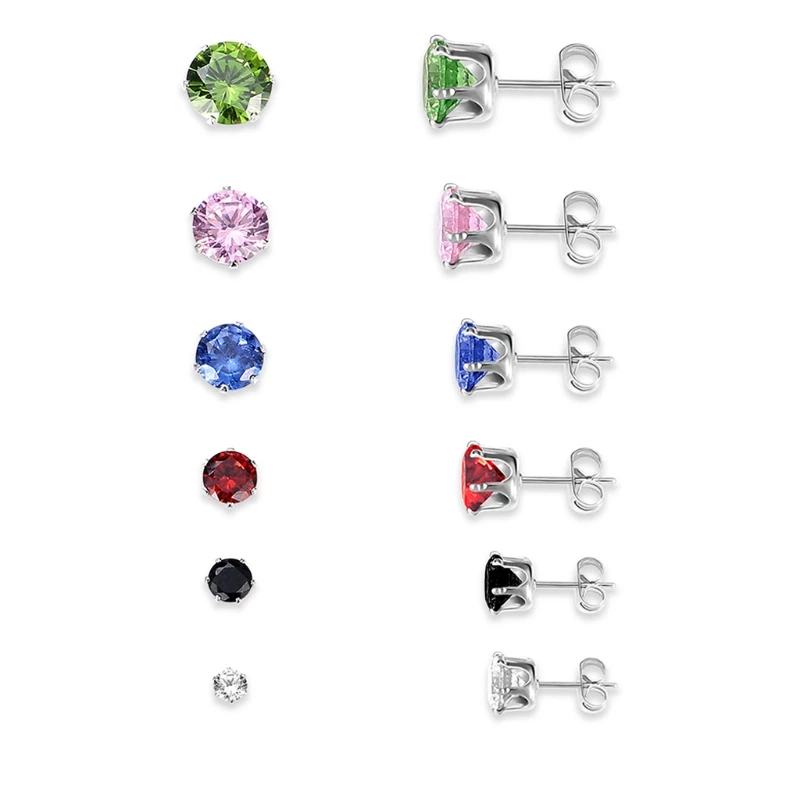 6Pairs 3 8mm Stainless Steel Round Zircon Rhinestone Ear Studs Earring