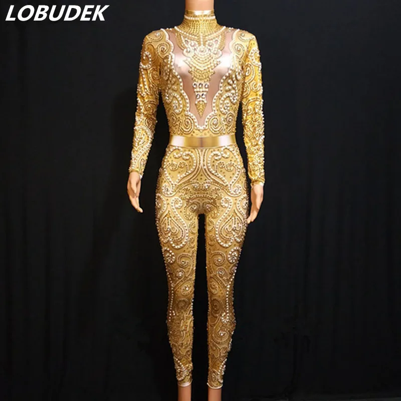 

Gold Yellow Crystals Pearl Jumpsuit Sexy Skinny Silver Gray Rhinestones Bodysuit Women DJ Bar Singer Catwalk Party Stage Costume