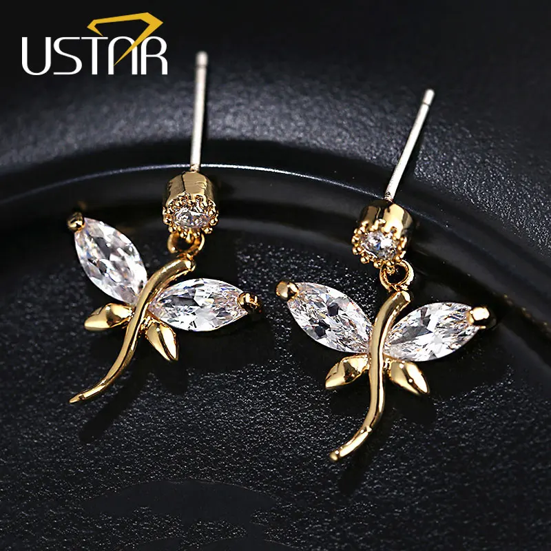 

USTAR Crystals Dragonfly Stud Earrings for Women AAA Cubic Zirconia Fashion Jewelry Earrings female party gift Brincos