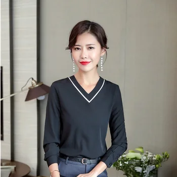 

Long Sleeve 2018 New Styles Fall Autumn Blouses & Shirts for Business Women Work Wear Tops Female Blouse Clothes V-neck Black