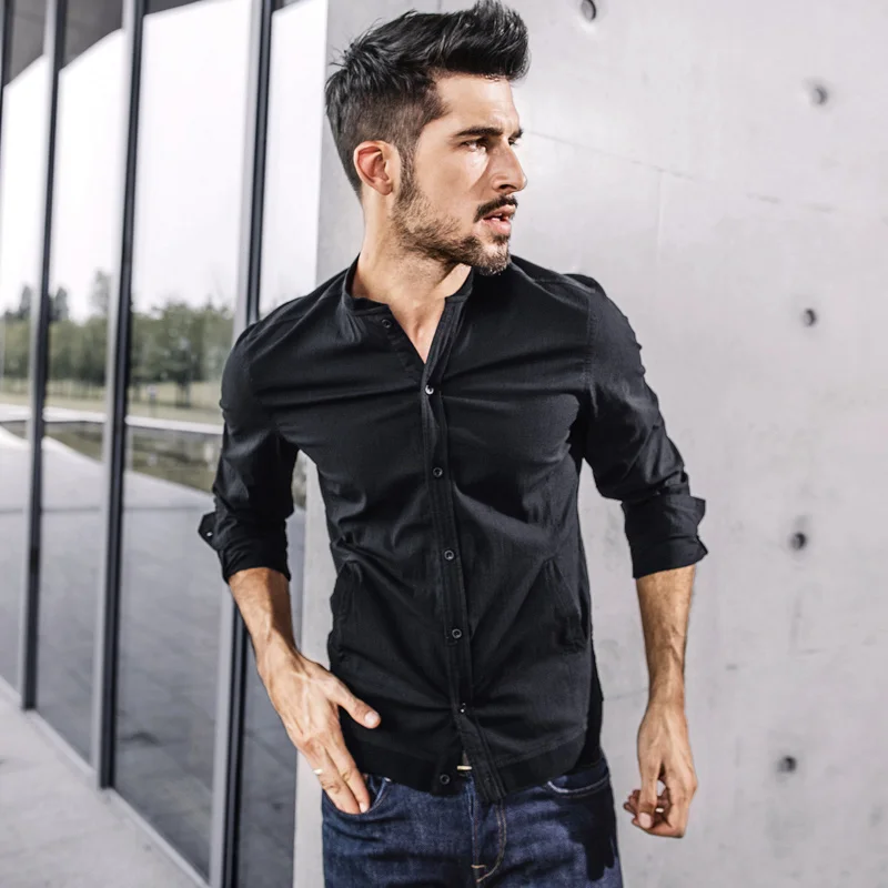 KUEGOU New Spring Mens Casual Shirts Solid Black Color With Pocket For Man's Long Sleeve Slim Fit Wear Male Brand Blouse 0791