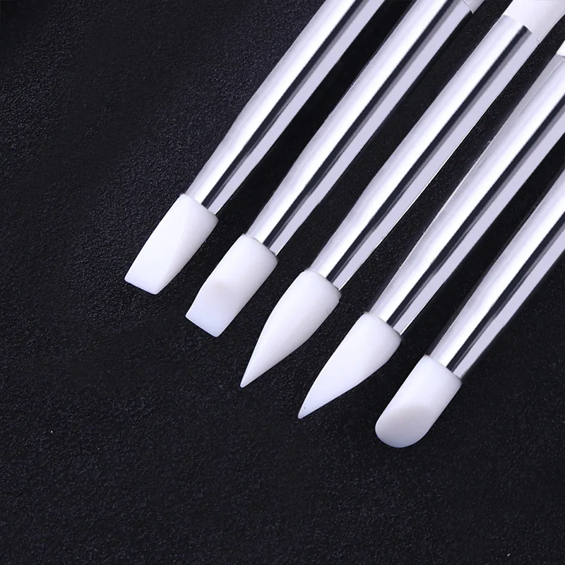

5Pcs Silicone Head Wooden Handle Nail Art Sculpture Pen Rhinestone Acrylic Handle for Emboss Carving Craft Polish Manicure