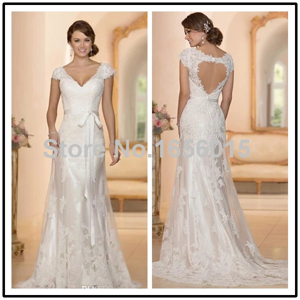V Neck Cap Sleeves Wedding Dresses New Design Floor Length Custom Made Bridal Dress Vestido De Noiva WD320 vestido de boda | Свадьбы и