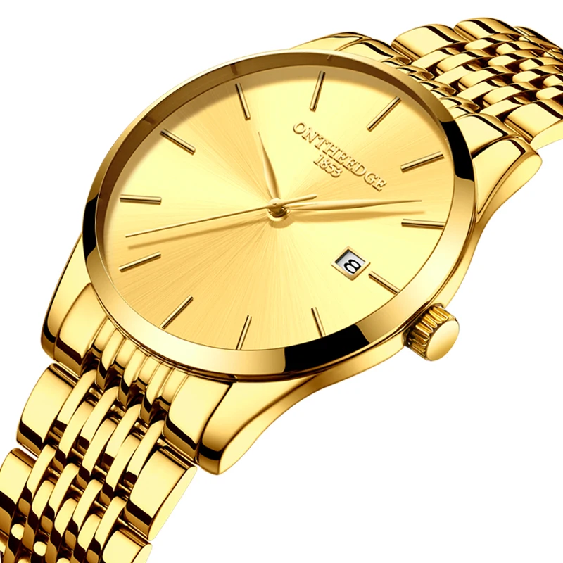 ONTHEEDGE Нержавеющая сталь Часы мужские бизнес Цвет: черный, синий модные календари кварцевые 30 м водостойкие золотые часы
