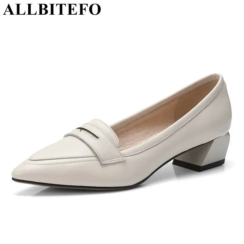 

ALLBITEFO brand genuine leather women high heels fashion leisure girls work shoes woman party high heel shoes pumps black white
