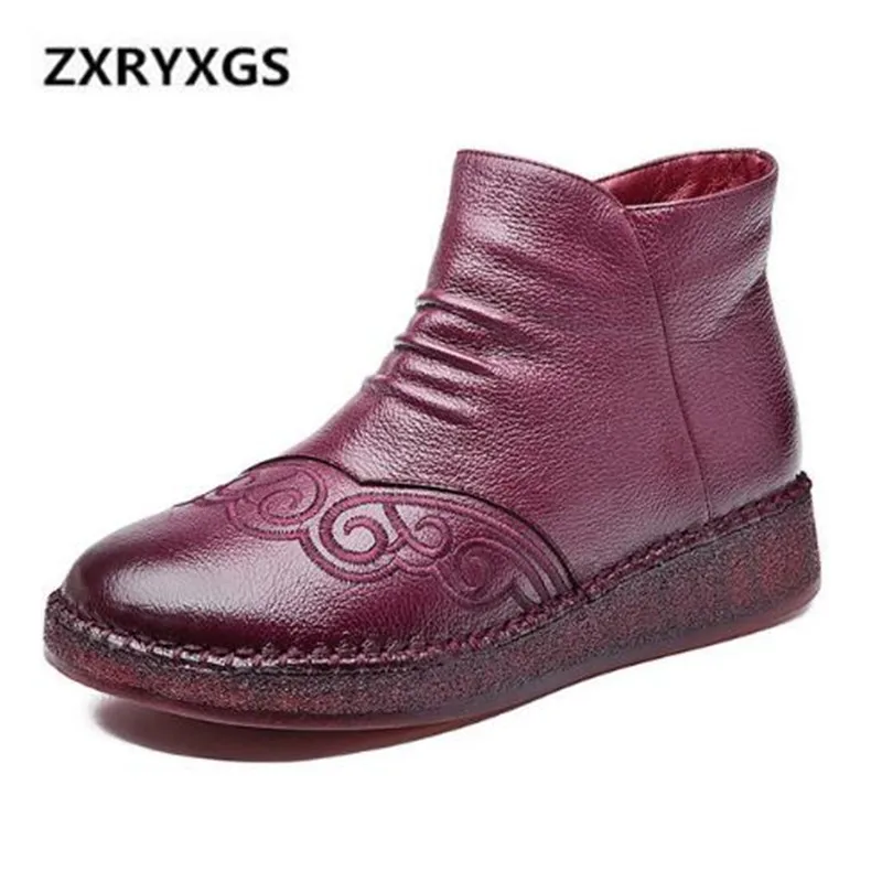 

New Handmade Retro Embroidery Cowhide Leather Boots Women Shoes 2018 Winter Snow Boots Comfort Warm Soft Bottom Women Boots