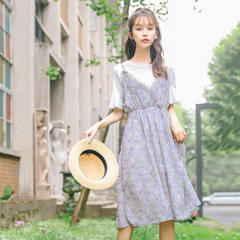 

Women's Dresses Japan Kawaii Lady Lavender Purple Suspender Two-piece Dresses Female Cute Korean Harajuku Clothes For Women