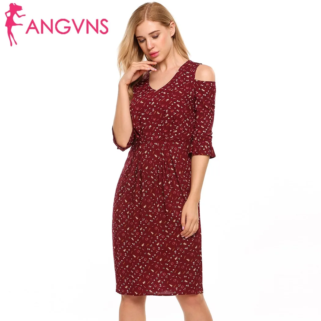 ANGVNS font b Women b font Ruffle Cold Shoulder font b Dress b font V Neck