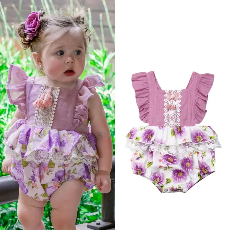 Одежда для маленьких девочек кружевной Цветочный Рисунок без рукавов, кружевной комбинезон, спортивный костюм комбинезон комбинезоны