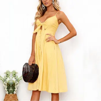 

Backless Summer Dress Female Button Bow White Dress Hollow Out Bow Tie Strap Midi Dress Women Causal 2018 Spring Vestidos