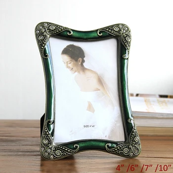 

Antique Brass Hand Enameled Green with Clear Rhinestones Jeweled 6 inches Rectangle Shape Tabletop Decor Metal Alloy Photo Frame