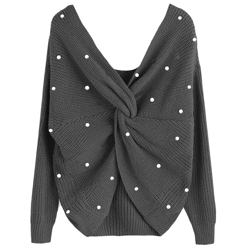 

V Neck Twisted Back Women Pearl Beading Sweater Women Long Sleeve Jumpers Pullovers Casual Knitted Tops WS9757t