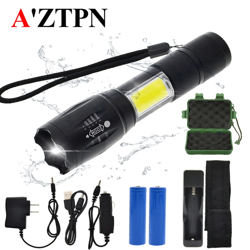 

LED flashlight side COB lamp design T6/L2 8000 lumens Zoomable torch 4 light modes with 18650 battery + charger accessories