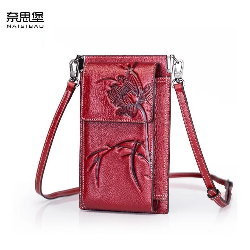 

NAISIBAO 2020 New Genuine Leather handbags real Cowhide Embossing women leather bags Fashion Luxury women shoulder phone bag
