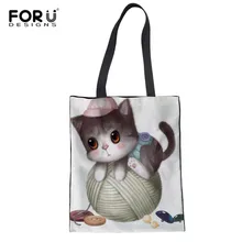FORUDESIGNS/каваи чашка кошка печатных леди хозяйственная сумка многоразовый экологический холст сумки школьная книга сумки через плечо путешествия набор необходимости