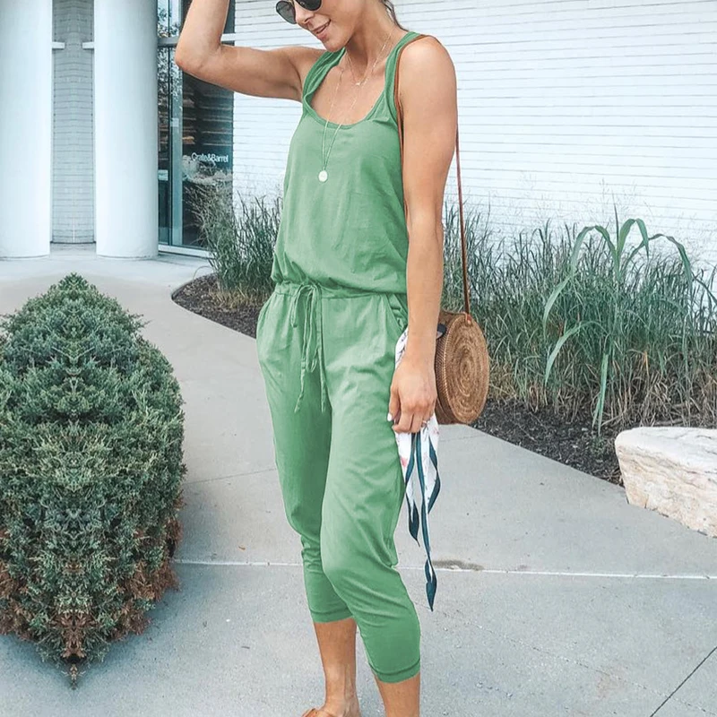 

Missufe Drawstring Waist Sexy Jumpsuits For Women Sleeveless Bodysuits Casual StreetwearPlaysuits 2019 Rompers Summer Playsuits