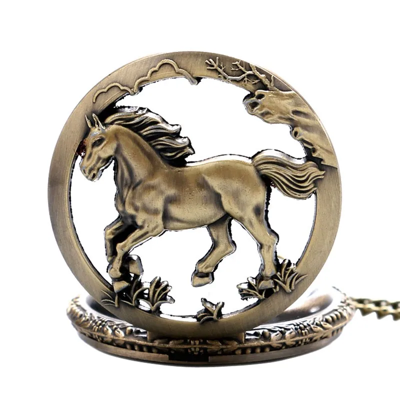 Ретро бронзовые полые Лошадь случае дизайн кварцевые карманные часы с цепочки и ожерелья цепь кулон ювелирные изделия подарок