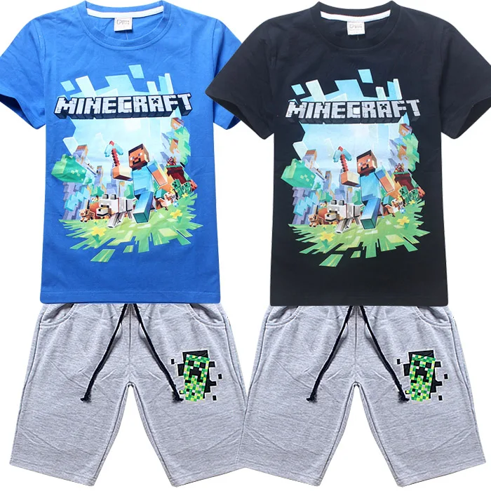 Minecraft Mädchen T-shirt Jeans-Shorts Kinder Sommer Mode Kurzarm Sport Anzug 