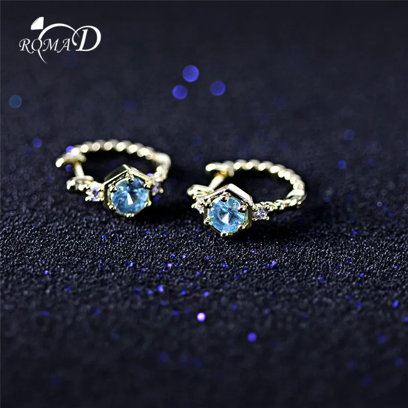 

ROMAD Blue Stone Stud Earrings for Women AAA CZ Gold Earrings Crystal Wedding Earrings Romantic Charm Jewelry r4