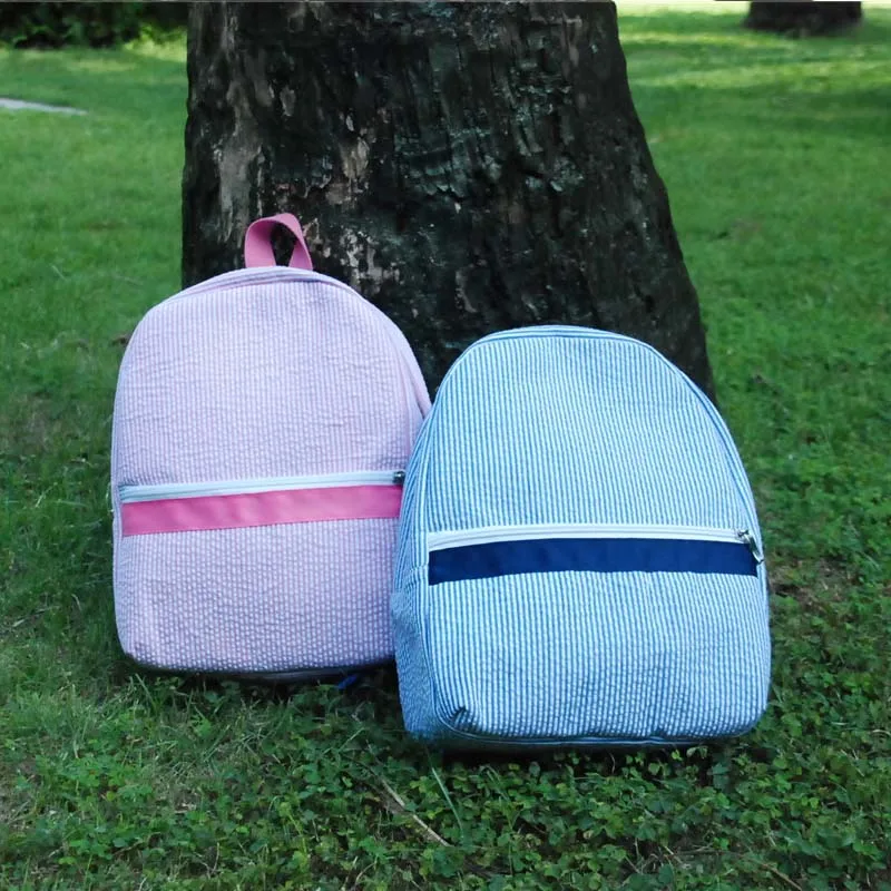 Wholesale blanks Seersucker kids backpack with pink & navy and School