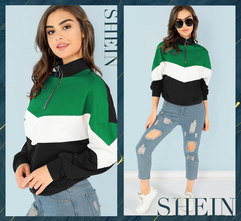 SHEIN Вырезать Шить Свитшот На Молнии Многоцветная Элегантная Толстовка Осенние Женские Кофты С Длинными Рукавами