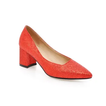 

In the spring of 2019 new fashion thick with high with shallow mouth size size 30-48 pointed sequined single woman shoes