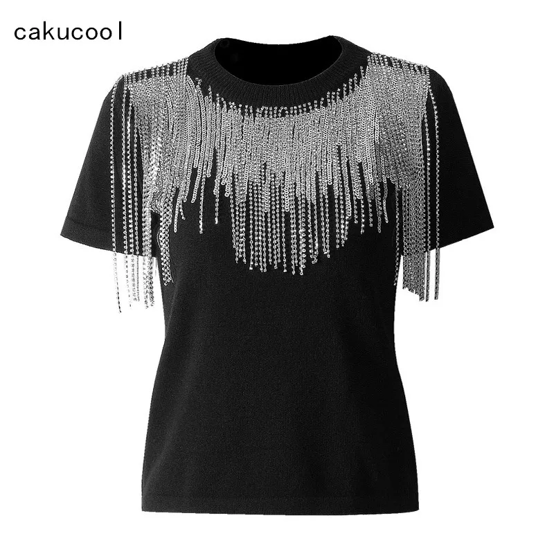 Женская футболка с блестками Cakucool черная облегающая круглым вырезом и коротким