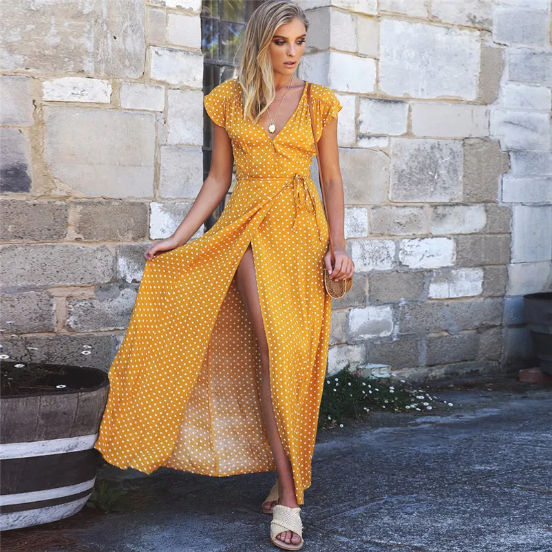 Новое модное летнее платье 2019 пляжное в горошек с длинным богемном стиле на