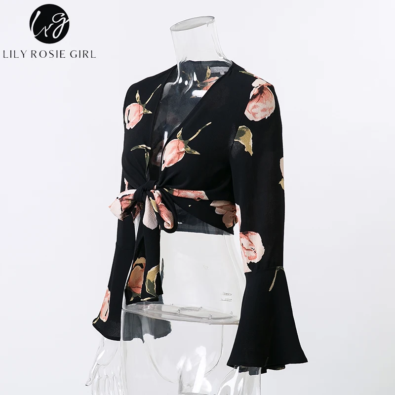 Lily Rosie Girl Bow Tie Crop Sexy Women Blouses Floral Print Long Flare Sleeve Short Shirts Boho Beach Black Shirt Ladies Blouse